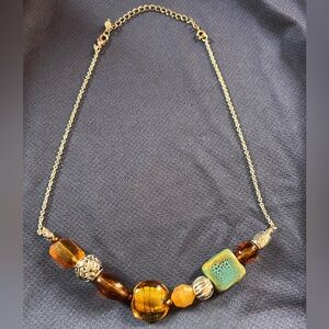 Gold Brown Green Beaded Statement Amber Glass and Resin Necklace